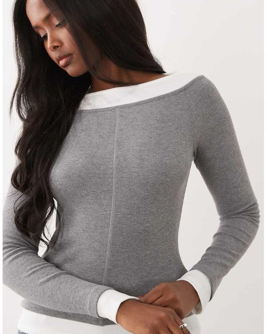 ASOS Gray Ribbed Double Layer Cold Shoulder Top