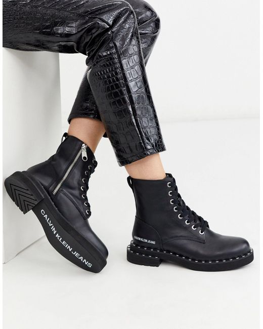 Calvin Klein Black Studded Chunky Lace Up Ankle Boots
