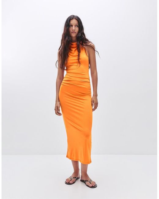 Pull&Bear Orange Draped Halter Midi Dress
