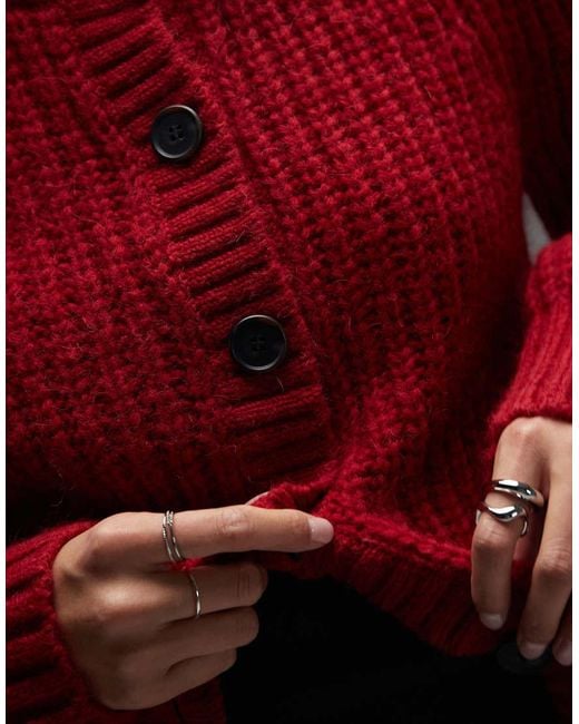 & Other Stories Red Alpaca And Wool Chunky Knit Cardigan With Balloon Sleeves