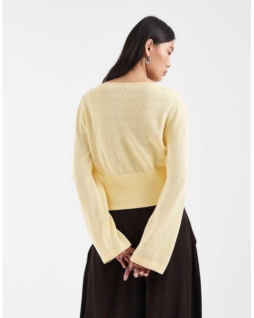 & Other Stories Yellow Pure Cotton Ribbed Waist Open Neck Light Knitted Top