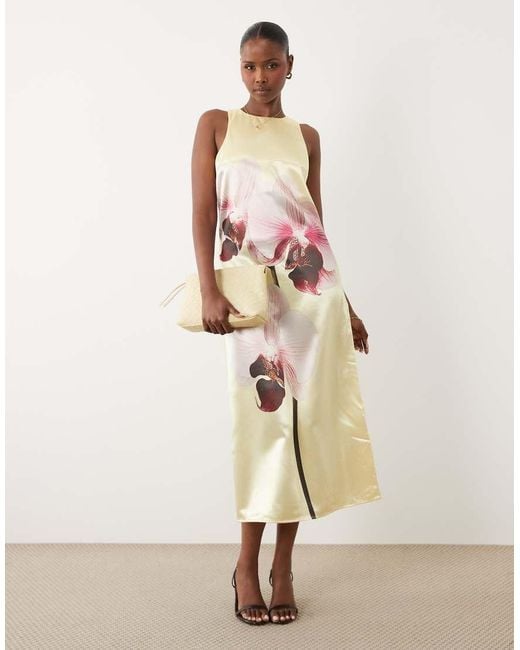 Y.A.S Natural Placement Orchid Print Satin Racer Maxi Dress