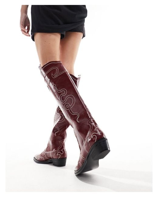 Public Desire Red Serpentine Western Boot With Embroidery