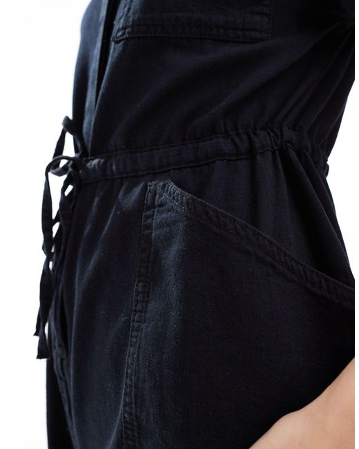 ASOS Black Soft Denim Playsuit With Tie Waist Detail
