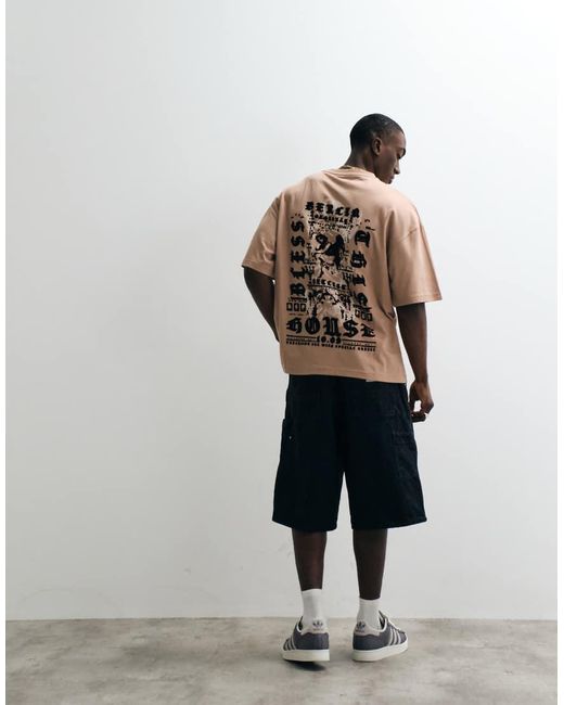 River Island Natural Oversized Flocked Renaissance Print T-shirt for men