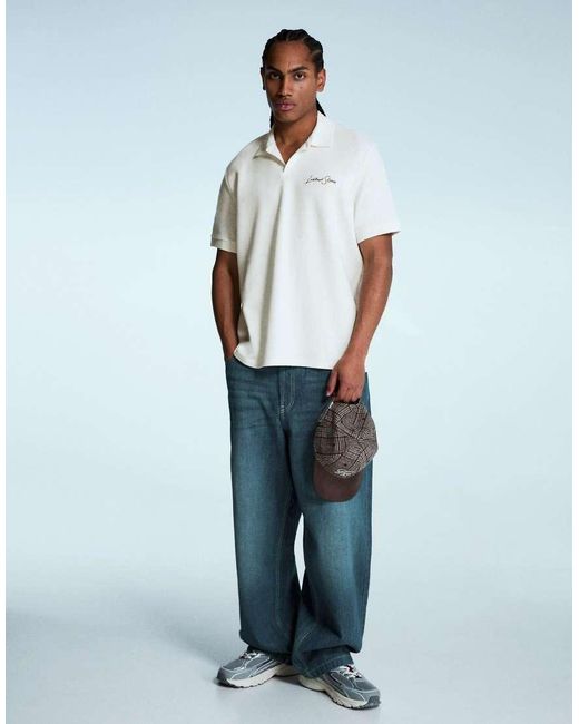 Bershka White Embroidered Structured Short Sleeve Polo Shirt for men