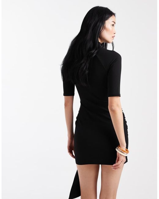 ASOS Black Grown On Neck Mini Dress With Half Sleeve And Waist Tie Detail