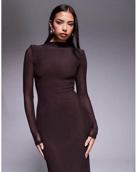 ASOS Purple Mesh Long Sleeve Cut Out Maxi Dress With Ring Detail Back