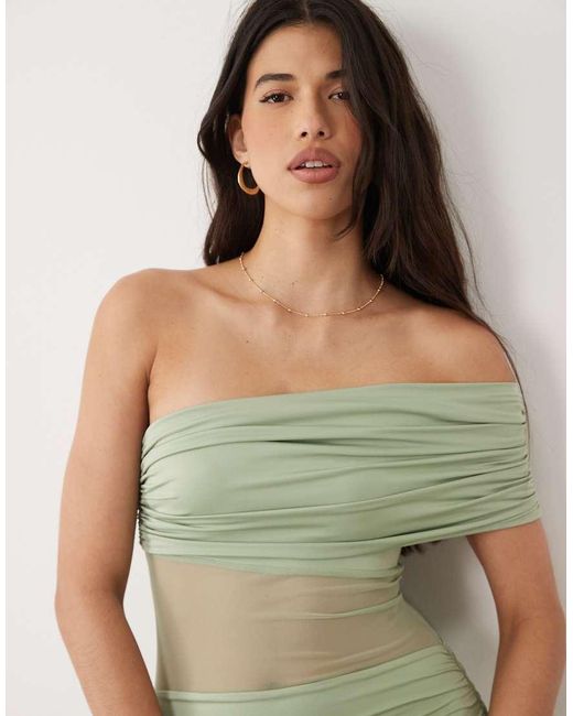 Aria Cove Green Double Layered Slinky Asymmetric Off Shoulder Mesh Insert Sheer Hem Maxi Dress