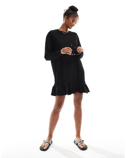 Miss Selfridge Black Long Sleeve Poplin Frill Detail T-shirt Dress