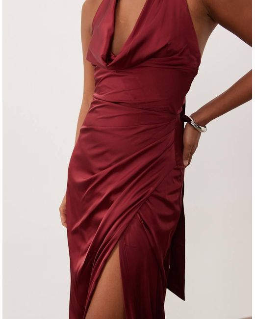 TFNC London Red Tfnc Bridesmaid Petite Satin Halter Neck Cowl Plunge Split Detail Maxi Dress