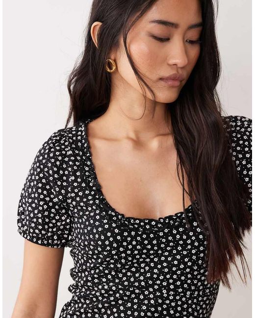 Miss Selfridge Black Ditsy Print Ruffle Detail Milkmaid Dress
