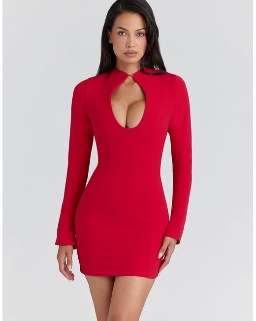 House Of Cb Red Lotus Crepe Keyhole Silhouette Mini Dress