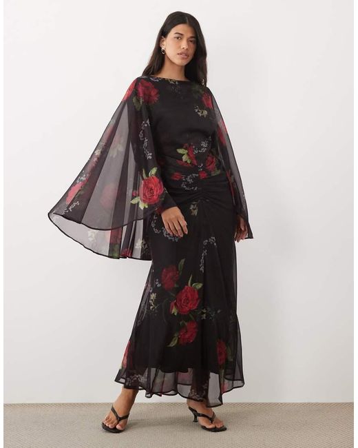 ASOS Multicolor Long Angel Sleeve Maxi Dress With Ruched Waist