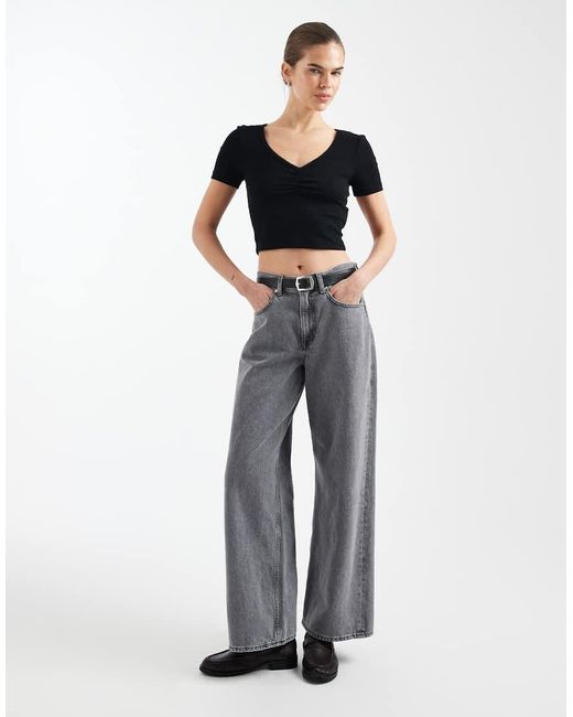 ONLY Black V-neck Ruched Detail Ribbed Crop T-shirt