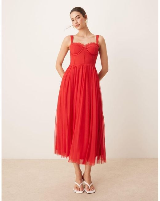 LACE & BEADS Red Tulle Corset Midi Dress