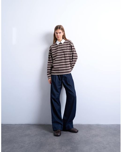 TOPSHOP Blue Stripe Rugby Long Sleeve Polo Top