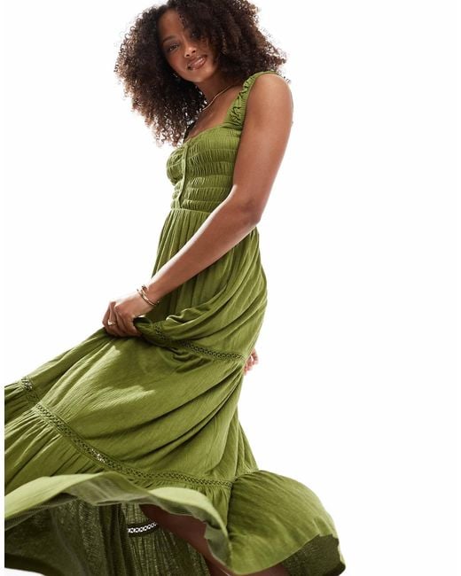 ASOS Green Ruched Square Neck Tiered Midi Dress With Lace Inserts