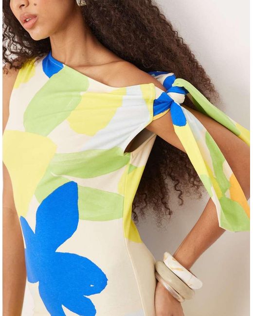 ASOS Blue One Shoulder Tie Knot Detail Mini Dress Enlarged Floral Print