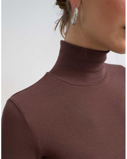 TOPSHOP Brown Premium Rib Knit Funnel Neck Long Sleeve Top