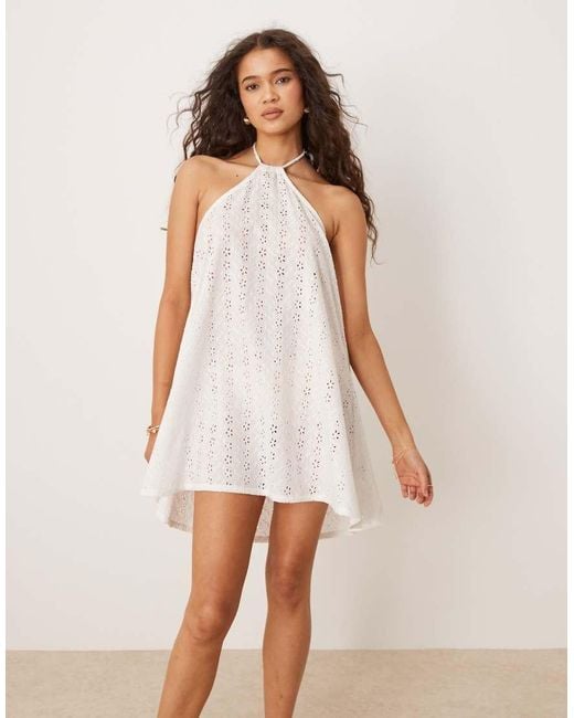 esmé studios Natural Esmee Exclusive Broderie Halter Beach Mini Dress