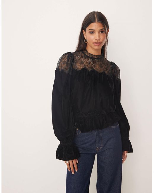 ASOS Blue Velvet And Lace Mix High Neck Long Sleeve Blouse
