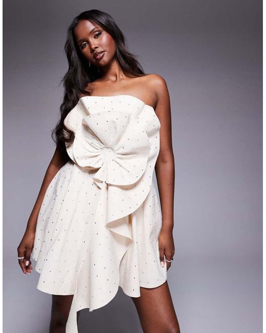 ASOS Natural Hotfix Embellished Linen Structured Corsage Bandeau Mini Dress