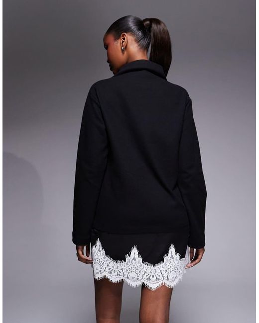 ASOS Black Supersoft Funnel Neck Mini Dress With Contrast Lace Hem
