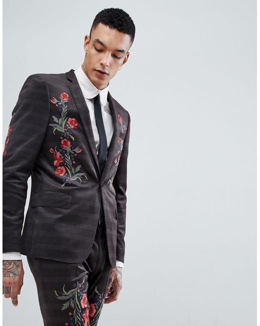 ASOS Brown Asos Skinny Velvet Check Suit Jacket With Floral Embroidery for men