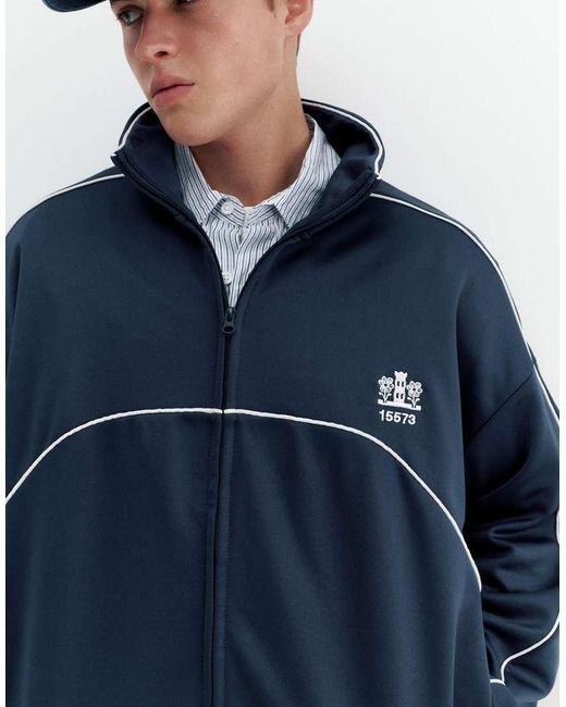 Pull&Bear Blue Embroidered Jacket With Zipper for men