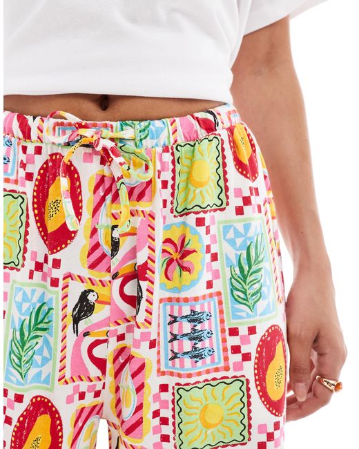 Threadbare White – gerade geschnittene jersey-hose mit postkarten-print und kordelzugbund