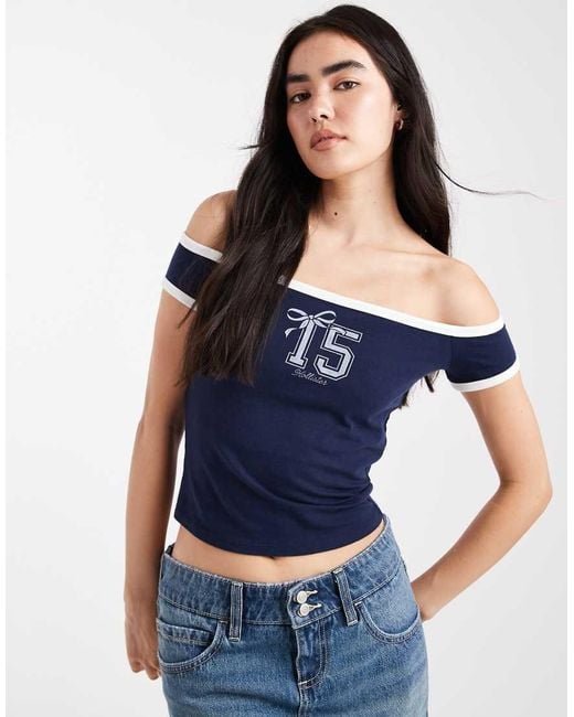 Hollister Blue Short Sleeve Off The Shoulder Graphic T-shirt