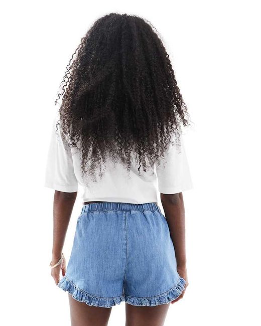 ASOS Denim Short Met Elastische Taille En Ruches Aan De Zoom in het Blue