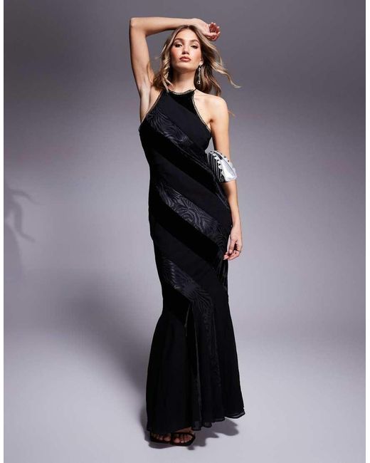 ASOS Blue Racer Neck Velvet Paneled Maxi Dress With Flares
