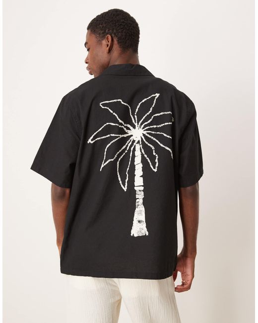 ASOS Black Relaxed Revere Shirt With Palm Chest And Back Print for men