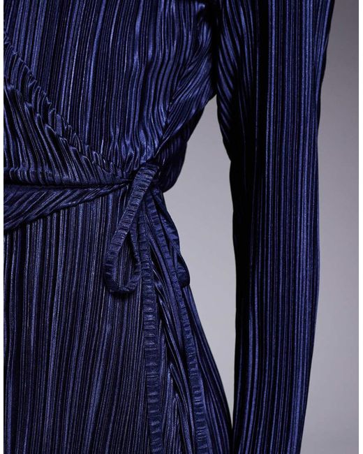 ASOS Blue Plisse Long Sleeve Wrap Tie Waist Maxi Dress