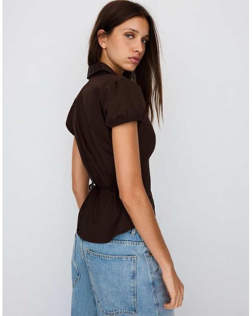 Bershka Blue Short Sleeve Poplin Shirt With Bow