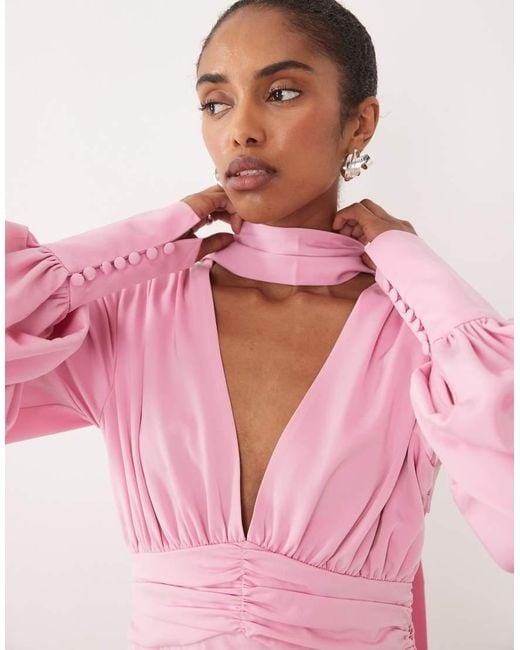 Pretty Lavish Pink Scarf Detail V-neck Deep Cuffs Satin Maxi Dress