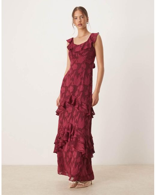 ANAYA Red Floral Burnout Ruffle Maxi Dress