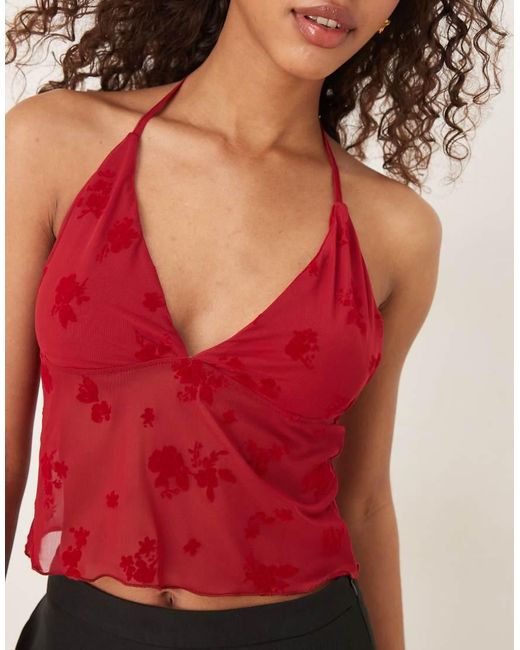 ASOS Red Flocked Mesh Plunge Frill Halter Top