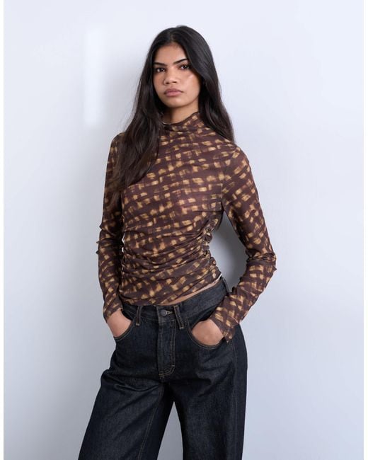 TOPSHOP Brown High Neck Ruched Check Print Long Sleeve Top