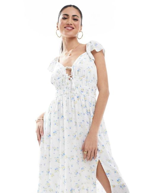 Vestido Midi De Manga Corta De Estilo Mesonera Con Estampado Floral Azul Y Abertura De Hollister de color White