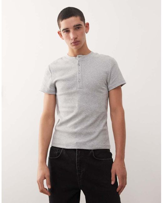 Collusion Gray Ribbed Muscle Short Sleeve Henley T-shirt Top for men