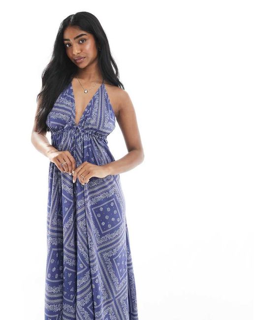 Miss Selfridge Blue Halter Neck Spun Maxi Dress