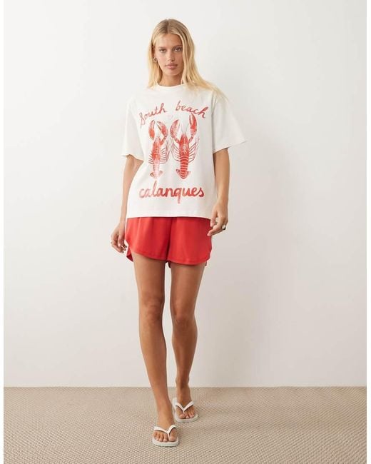 ASOS Red Oversized T-Shirt With South Beach Lobster Graphic