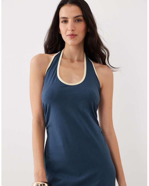 ASOS Blue Halter Midi Dress With Buttermilk Contrast Trim