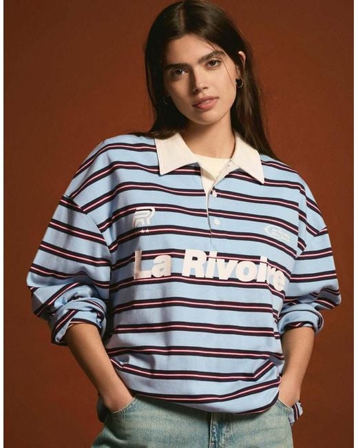 Bershka Blue Printed Long-sleeve Polo Collar T-shirt