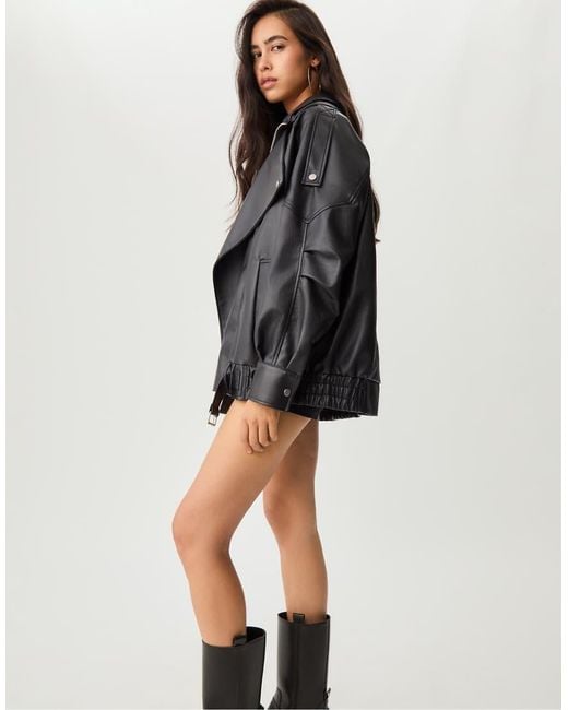 Stradivarius Black Oversize Leather Effect Jacket With Collar