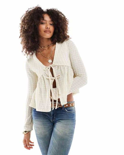 Miss Selfridge Multicolor Tie Front Long Sleeve Peplum Top