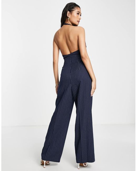 ASOS Blue 2 In 1 Halter Tailored Jumpsuit In Navy Pinstripe